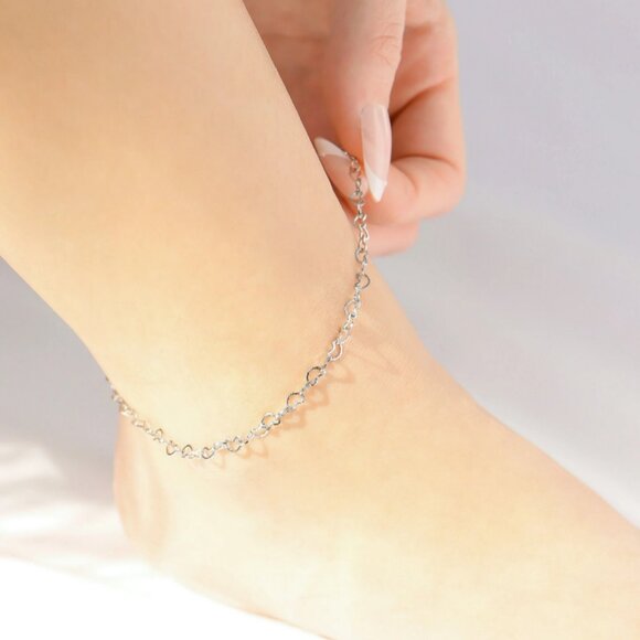 Silver Heart-shaped Link Anklet - Waterproof, Tarnish-free, Hypoallergenic Luxe - Picture 2 of 3